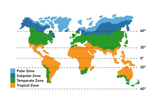 Color-coded world map illustrating global climate zones with polar, subpolar, temperate, and tropical regions marked by latitude lines, presenting geographic distribution and environmental patterns ac