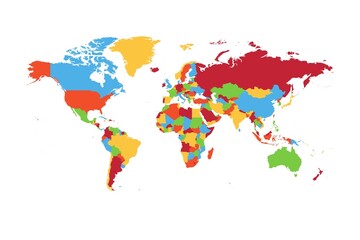 Fototapeta premium Detailed colorful world map showing individual countries in varied bright tones, highlighting political boundaries and global geography from a top-down perspective on a clean background.