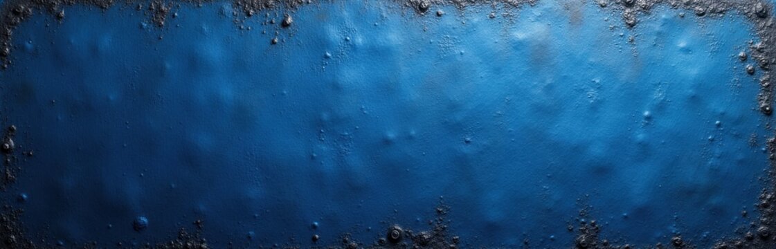 Rough textured deep blue metal surface with dark uneven edges. Bubbles and imperfections create a unique abstract pattern. Ideal for industrial or tech backgrounds.