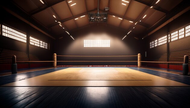 full shot on a photo of a wrestling mat in an empty gym in low light with space for text concept sport wrestling gym competition