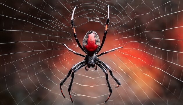close up of a sinister black widow spider with a striking red hourglass marking poised against