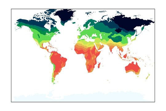 Color-coded world map illustrating global climate zones, with gradient bands from polar to tropical regions, highlighting temperature distribution and geographic climate patterns.