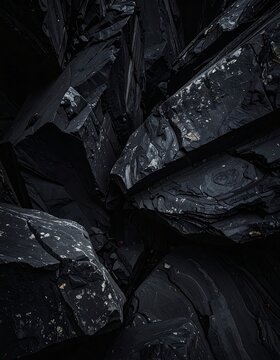 Close-up of dark, angular rock formations in a dramatic, low-key setting with a moody, natural texture