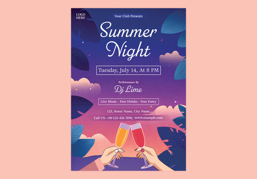 Editable Summer Night Party Flyer Template Design with People Cheers to Cocktails on Gradient Sky for Event Promotion