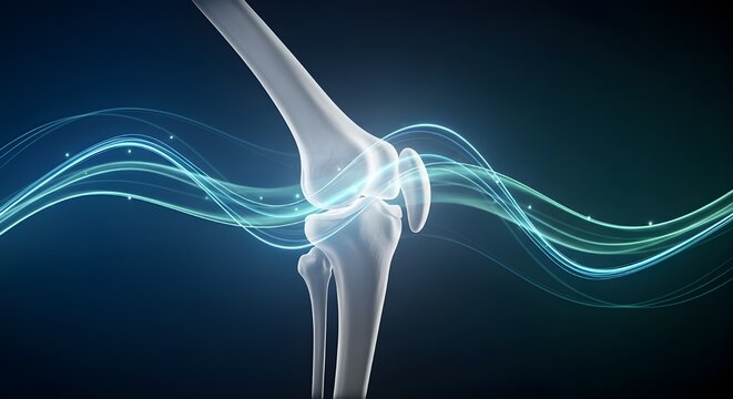 Advanced illustration of human knee joint anatomy highlighting energy flow and medical insights into musculoskeletal health and function