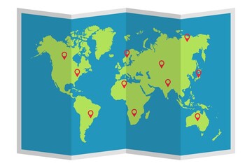 Folded world map illustration in flat design showing continents in green over blue oceans, marked with red location pins across regions, symbolizing global travel, navigation, and connectivity. © Umm Hamzah