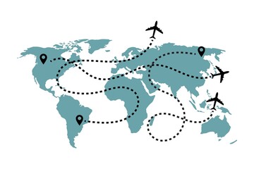 Flat world map with dotted flight routes, airplanes, and location pins connecting continents, illustrating global travel, logistics, and international transportation networks. © Umm Hamzah