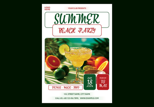 Editable Summer Beach Party Flyer Design with Tropical Cocktail and Citrus Fruit for Event Promotion.
