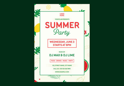 Editable Summer Party Flyer Template Design with Tropical Leaves and Fruit on Off White Background.