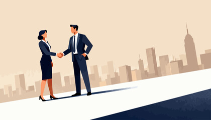 Fototapeta premium Two professionals shake hands on a cityscape