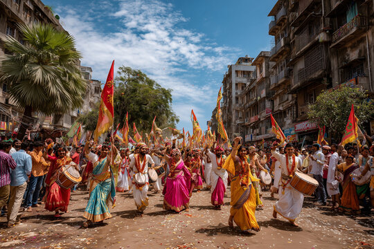 Ganpati Visarjan street procession with music and joyous celebration.

