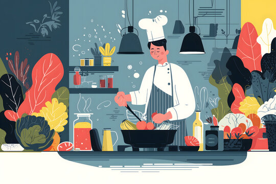 A professional chef in a hat and apron is cooking healthy fresh food in a modern kitchen with colorful plants and vegetables surrounding the workspace