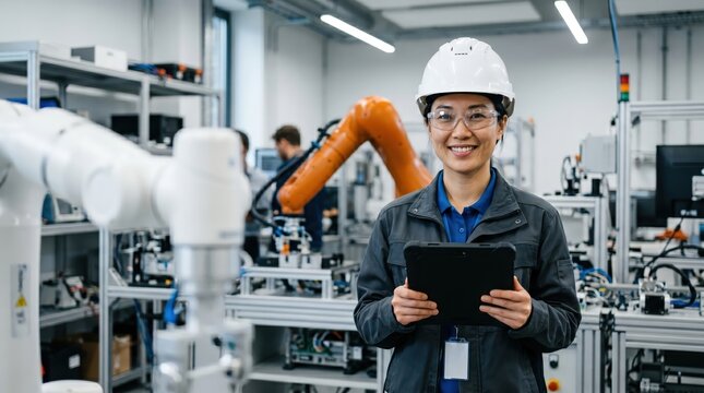 A female robotics engineer in an R and D lab uses a tablet to program an artificial intelligence cobot. She is inspecting the robotic system hardware 