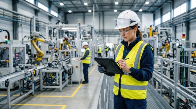 A female robotics engineer in an R and D lab uses a tablet to program an artificial intelligence cobot. She is inspecting the robotic system hardware 