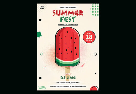 Editable Summer Fest Party Flyer Template Design with Watermelon Popsicle on Off White Background for Event Promotion.
