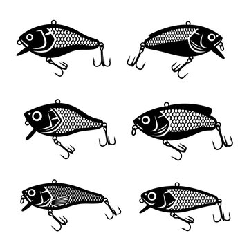 Set of Six Fishing Lures, Black and White, Isolated on White Background