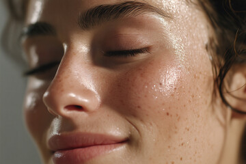 Fototapeta premium Glossy hydrated skin close up natural freckled face with soft reflections serene expression