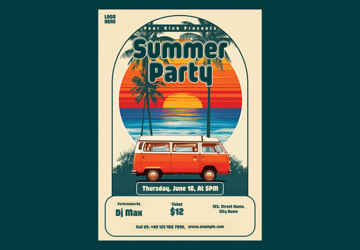 Editable Summer Party Flyer Design with Sunset Beach Scene and Mini Bus Illustration.