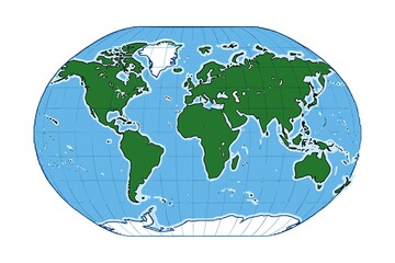 Illustrated world map in oval projection showing green continents on blue oceans with latitude and longitude grid lines, presented in a simple, educational cartoon style. © Umm Hamzah