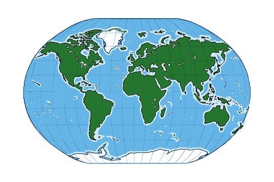 Illustrated world map in oval projection showing green continents on blue oceans with latitude and longitude grid lines, presented in a simple, educational cartoon style.
