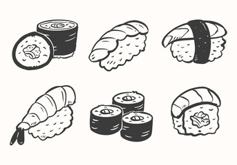 Sushi hand drawn illustration set. Japanese food doodle vector collection. Sushi rolls cartoon icon design. Asian cuisine line art with Maki, Salmon, Tuna, shrimp, rice, seaweed, Nigiri. © Dean