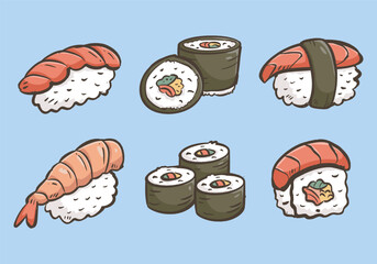 Sushi hand drawn illustration set. Japanese food doodle vector collection. Sushi rolls cartoon icon design. Asian cuisine line art with Maki, Salmon, Tuna, shrimp, rice, seaweed, Nigiri. © Dean