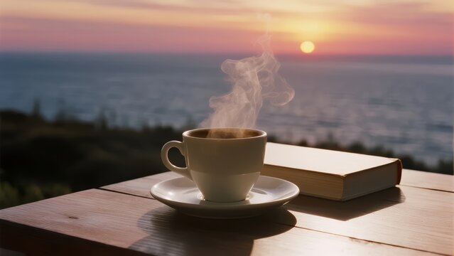 Steaming cup of coffee on a wooden table with a book, overlooking a sunset by the ocean