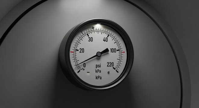 Close up of an analog pressure gauge displaying a reading in psi and kpa on its white dial face