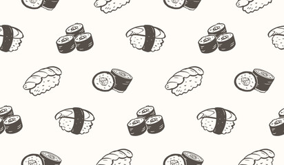 Sushi rolls doodle background. Japanese food pattern background. Cute Asian culinary seamless pattern for kids. Japan cuisine hand drawn pattern with Sushi, Maki, Nigiri. © Dean