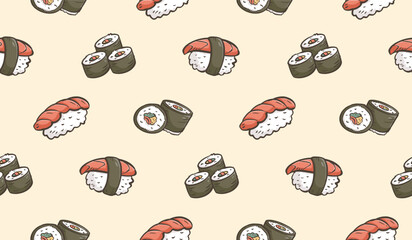 Sushi rolls doodle background. Japanese food pattern background. Cute Asian culinary seamless pattern for kids. Japan cuisine hand drawn pattern with Sushi, Maki, Nigiri. © Dean