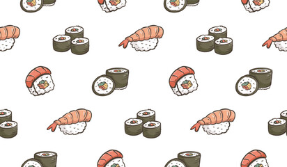 Sushi rolls doodle background. Japanese food pattern background. Cute Asian culinary seamless pattern for kids. Japan cuisine hand drawn pattern with Sushi, Maki, Nigiri. © Dean