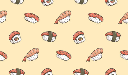 Sushi rolls doodle background. Japanese food pattern background. Cute Asian culinary seamless pattern for kids. Japan cuisine hand drawn pattern with Sushi, Maki, Nigiri. © Dean