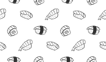 Sushi rolls doodle background. Japanese food pattern background. Cute Asian culinary seamless pattern for kids. Japan cuisine hand drawn pattern with Sushi, Maki, Nigiri. © Dean