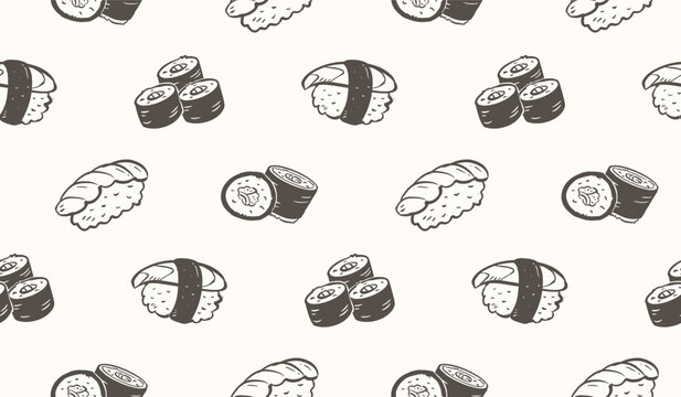 Sushi rolls doodle background. Japanese food pattern background. Cute Asian culinary seamless pattern for kids. Japan cuisine hand drawn pattern with Sushi, Maki, Nigiri.