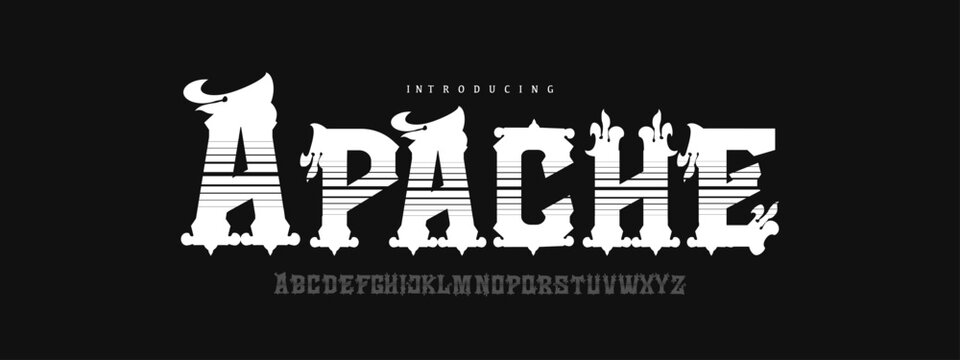 Apache: A bold vintage western font. Ornate retro display with horizontal line texture for saloon logos and heritage branding