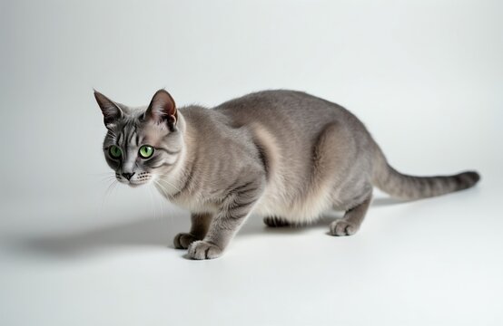 Young grey burmilla cat with bright green eyes crouches low. Short-haired feline with tabby stripes looks intensely forward. Domestic pet sits on white studio floor, ready to pounce.