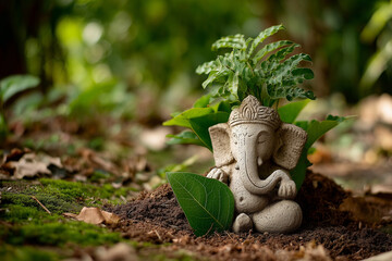 Fototapeta premium Eco-friendly Ganesha idol in garden setting for sustainable celebration.