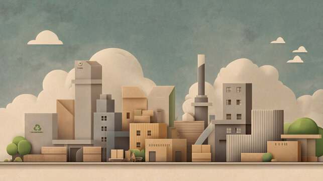 A miniature cardboard city landscape featuring paper buildings and small trees against a soft textured background representing a sustainable urban planning concept in a creative craft style