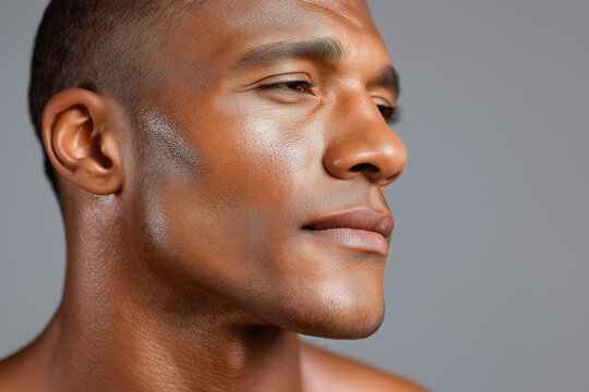 Dewy male skin close up with smooth pores, healthy glow, even tone and subtle expression showing confident calm