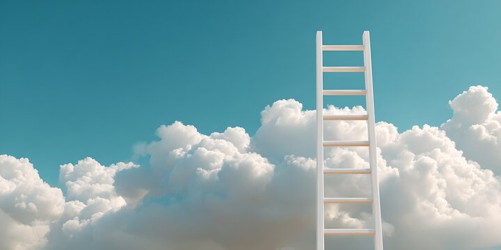 A wooden ladder against a backdrop of the sky, reaching towards the fluffy clouds. The image embodies the idea of reaching goals and achieving aspirations. The ladder is a symbol of ascent and growth