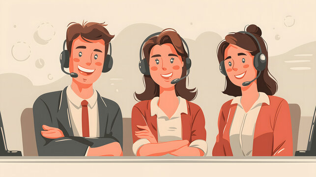 Three friendly customer service representatives are sitting at their desks wearing headsets and smiling while ready to provide professional support to clients in a modern office environment