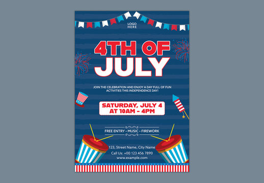 Editable 4th of July Independence Day Flyer Design with American Flag Theme and Festive Celebration Elements.
