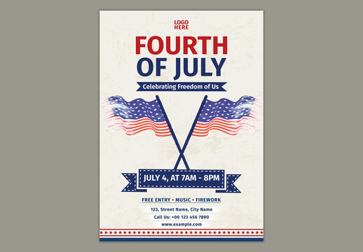 Editable 4th of July Independence Day Celebration Flyer Design with American Flags Illustration and Off White Background.