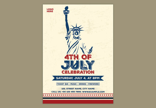 Editable 4th of July Independence Day Celebration Flyer Design with Statue of Liberty Illustration and Event Details.
