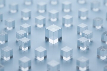 Obraz premium Array of transparent glass cubes arranged in a grid pattern on a reflective surface