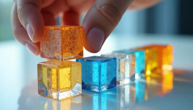 Hand selects transparent orange cube from row of colorful digital blocks. Building blocks for modular design assembly. Represents choice, innovation, and data.