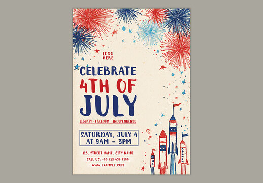 Editable Celebrate 4th of July Independence Day Flyer Design with Fireworks and Patriotic Rocket Illustration on Beige Background.