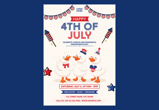 Editable Happy 4th of July Independence Day Celebration Flyer Design with Cute Patriotic Ducks, Fireworks Rockets and American Bunting Flags on White Background.