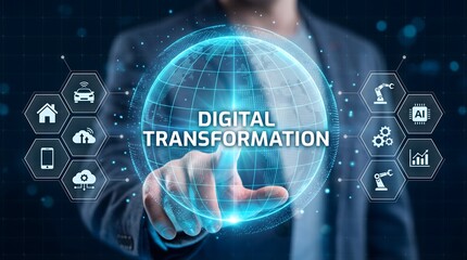 Fototapeta premium Conceptual close up of an executive finger interacting with a glowing blue holographic sphere displaying digital transformation text amidst interconnected smart industry icons in a dark futuristic.