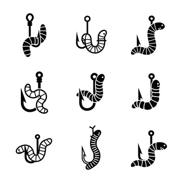 Set of Fishing Hooks with Worms Icons, Black and White Vector Illustrations